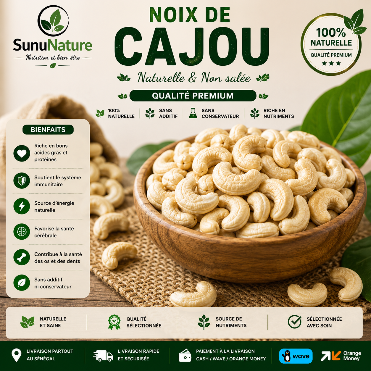 Noix de Cajou Naturelles – Qualité Premium