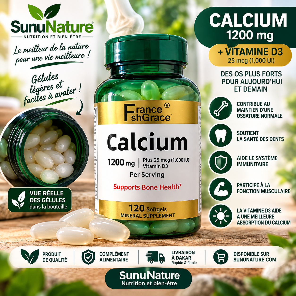 Calcium 1200 mg + Vitamine D3 â 120 Gelules